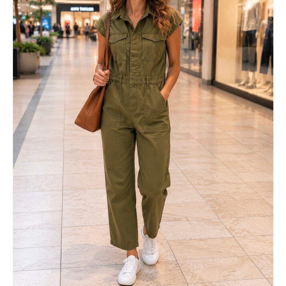 Levi’s Army Green Utility Jumpsuit XS Cotton Cargo Coverall Romper Cap Sleeve